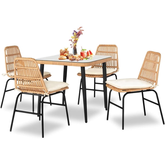 5 Piece Outdoor Patio Dining Set, Rattan Dining Chairs with Tempered Glass Table, Patio Conversation Sets for Balcony Poolside Backyard, Beige