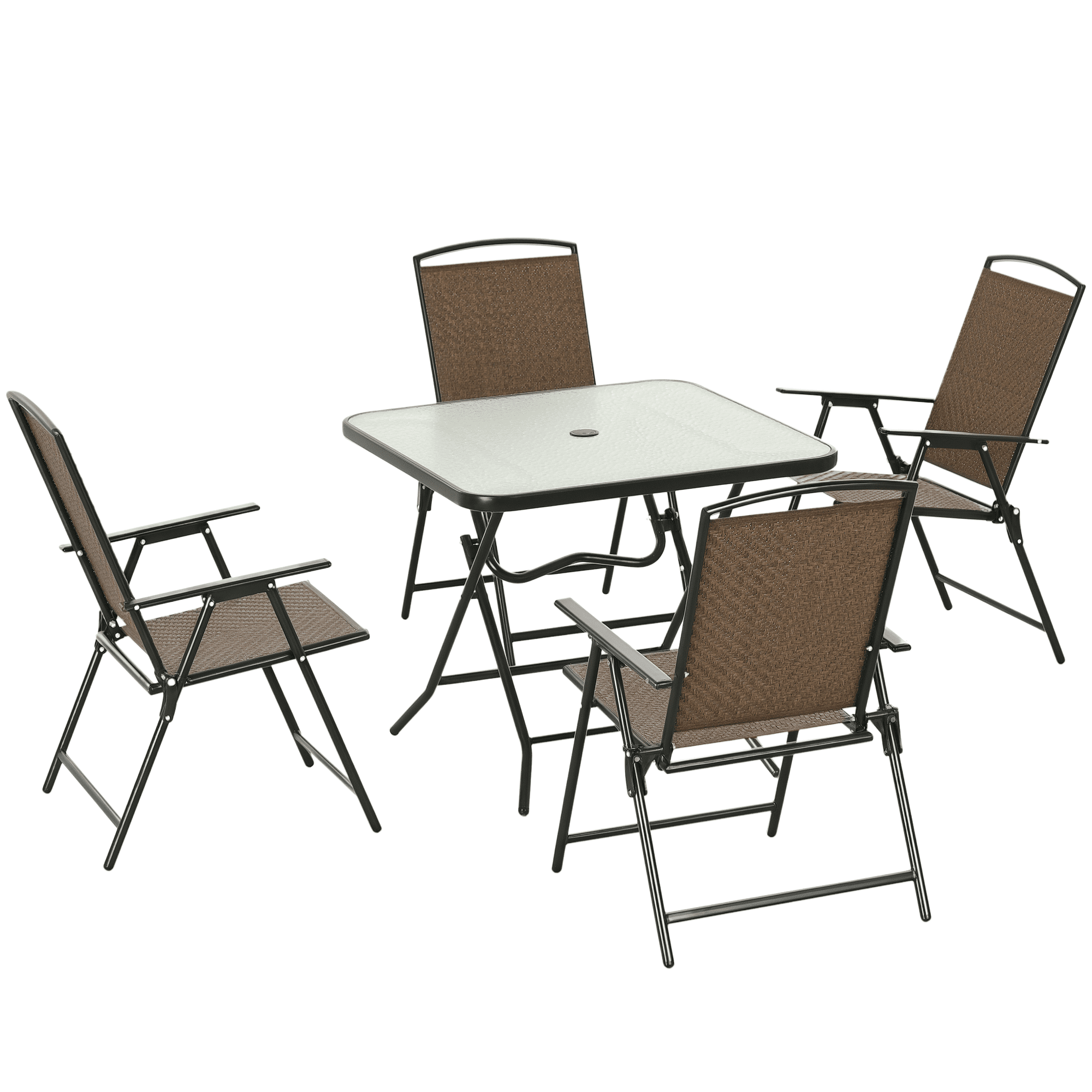 5-Piece Outdoor Patio Dining Set,Wicker Furniture Dining Set with Umbrella Hole,Foldable Outdoor Table and Chairs for Patio, Lawn, Garden,Brown