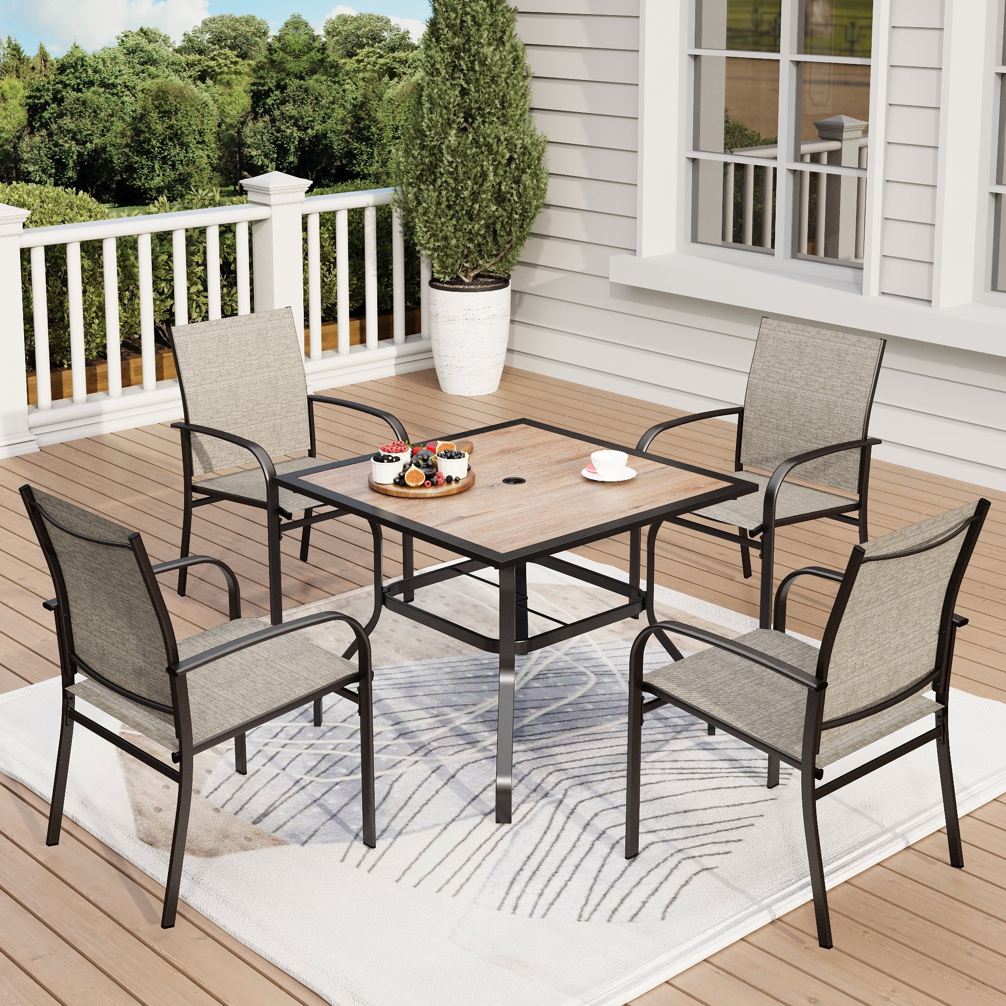 5-Piece Outdoor Patio Dining Set with Textilene Chairs Wood