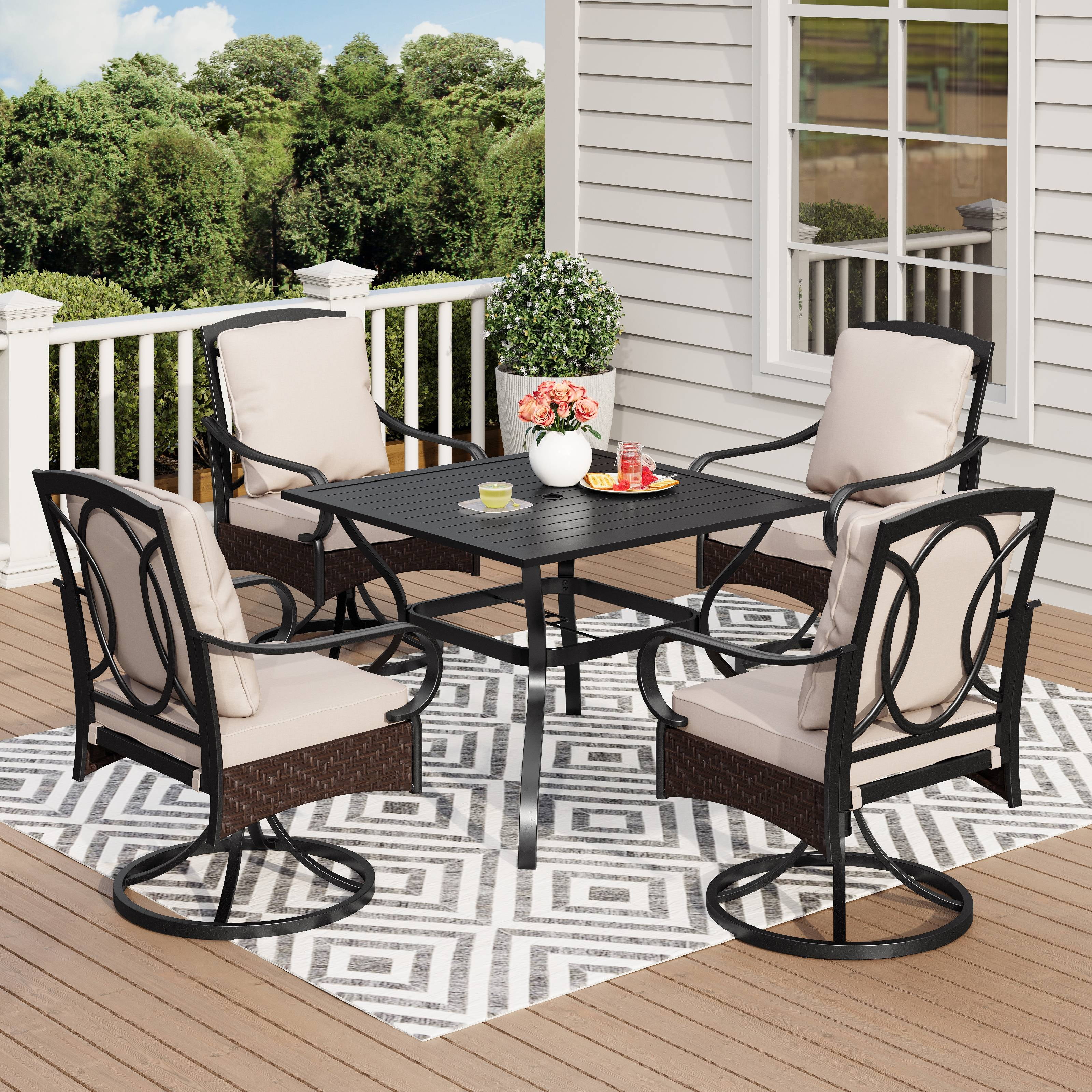 5-Piece Outdoor Patio Dining Set with Cushioned Swivel Chair & 37” Square Steel Table with umbrella Hole for 4 People, Black & Beige