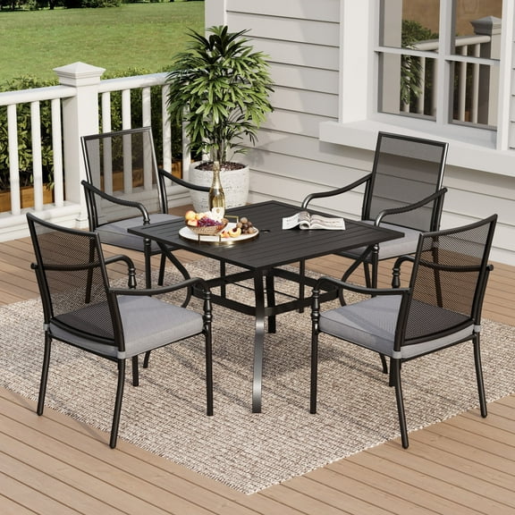 5-Piece Outdoor Patio Dining Set with Mesh Back Cushioned Chair & Square Table with Umbrella Hole for 4-Person, Black & Gray