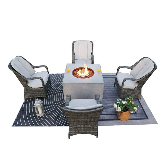5-Piece Outdoor Patio Dinning Set with Gas Fire Pit Table & 4 Rattan Cushioned Chairs, Gray