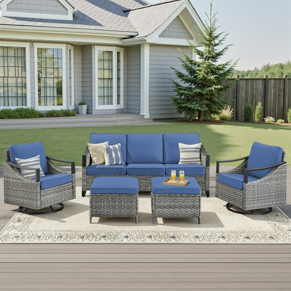 5 Piece Outdoor Patio Furniture Set with Deep Seating Swivel Rocker Chairs Sofa Couch and Rattan Ottomans Outdoor Conversation Sets for Deck Backyard Poolside,Gray Wicker/Blue Cushion
