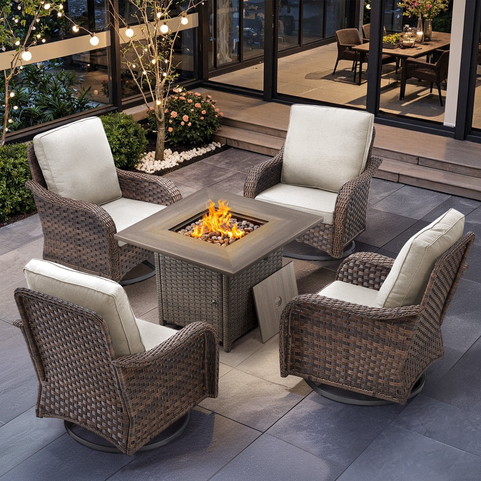 5 Piece Outdoor Patio Furniture Set with Fire Pit Table,Swivel Rocker Patio Chairs,3-Seat Sofa and Side Table All Weather Hand-Woven PE Rattan Wicker Conversation Set for Porch, Garden, Backyard
