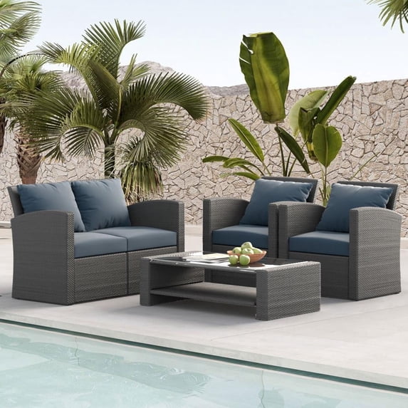 HighSound 4 Pieces Patio Furniture Set, All Weather Outdoor Rattan Sectional Conversation Sofa Chair with Coffee Table & Thick Cushions