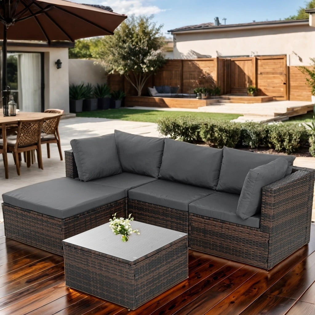 5 Piece Outdoor Patio Furniture Sets All Weather Outdoor Sofa PE Garden Furniture Wicker Rattan Patio Conversation Set with Ottoman & Coffee Table (Gray)