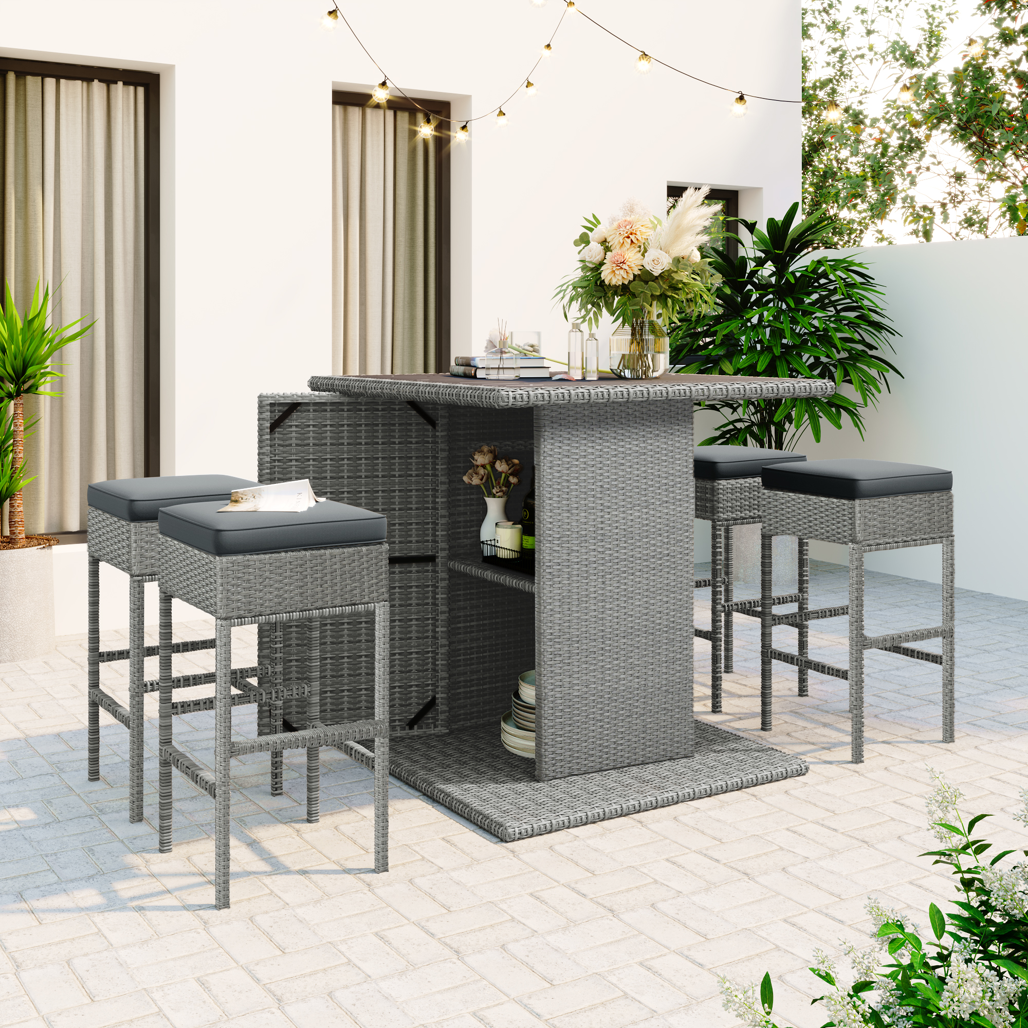 5 Piece Outdoor Patio Height Bar Dining Table Sets, 41'' Hight Outdoor Patio Funiture Table Set with 4 Chairs and Cushions, Kitchen Table with Storage Shelf for Backyard, Poolside, Grey Wicker, S5984 - image 1 of 10