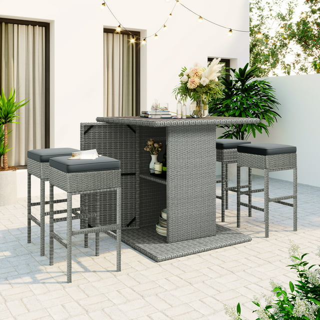 5 Piece Outdoor Patio Height Bar Dining Table Sets, 41'' Hight Outdoor Patio Funiture Table Set with 4 Chairs and Cushions, Kitchen Table with Storage Shelf for Backyard, Poolside, Grey Wicker, S5984