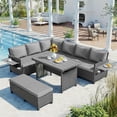 thumbnail image 1 of 5-Piece Outdoor Patio Rattan Sofa Set, L-Shaped Sectional PE Wicker Garden Furniture Set with 2 Extendable Side Tables, Dining Table and Washable Covers for Backyard Poolside Indoor, Gray, 1 of 7