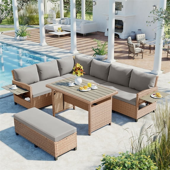 5-Piece Outdoor Patio Rattan Sofa Set, L-Shaped Sectional PE Wicker Garden Furniture Set with 2 Extendable Side Tables, Dining Table and Washable Covers for Backyard Poolside Indoor, Brown