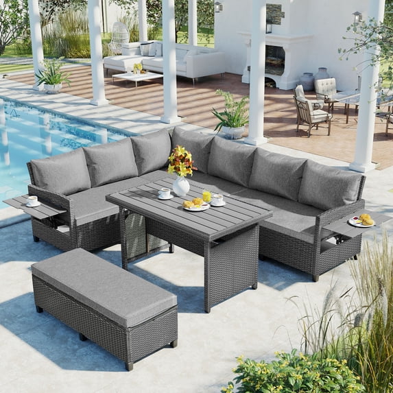 5-Piece Outdoor Patio Rattan Sofa Set, Sectional PE Wicker L-Shaped Garden Furniture Set with 2 Extendable Side Tables, Dining Table and Washable Covers for Backyard, Poolside, Indoor (Grey)