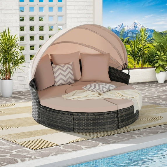 5-Piece Outdoor Patio Round Daybed Furniture, Wicker Conversation Set with Retractable Canopy, Soft Cushions, and Storable Table for Leisure In Porch Backyard (Beige)