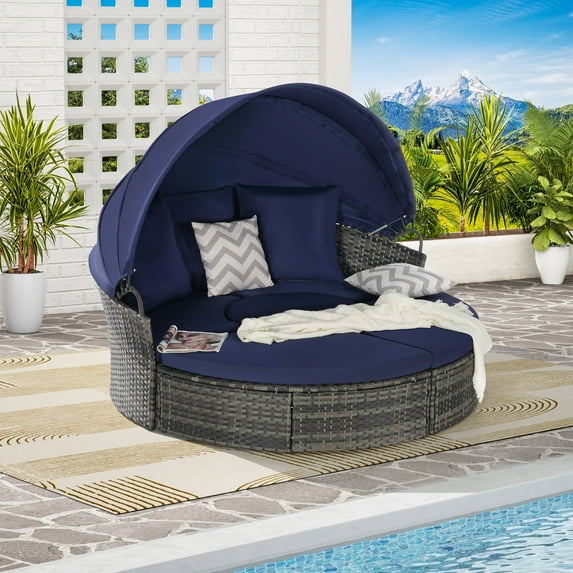 5-Piece Outdoor Patio Round Daybed Furniture, Wicker Conversation Set with Retractable Canopy, Soft Cushions, and Storable Table for Leisure In Porch Backyard (Dark Blue)