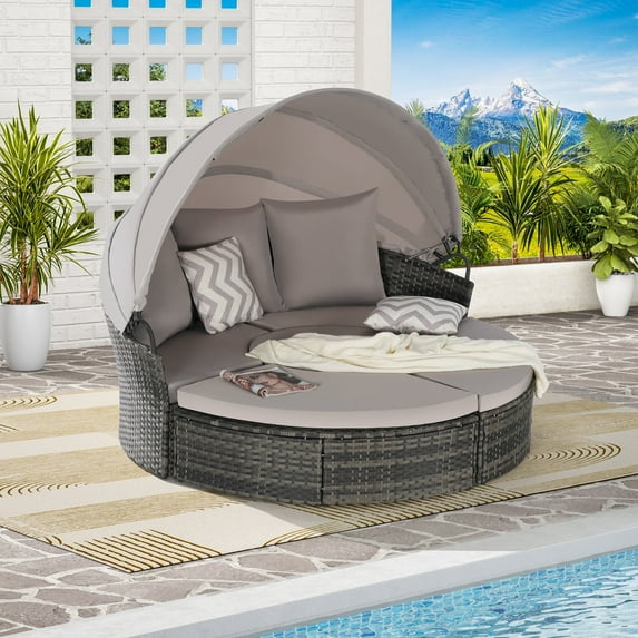 5-Piece Outdoor Patio Round Daybed Furniture, Wicker Conversation Set with Retractable Canopy, Soft Cushions, and Storable Table for Leisure In Porch Backyard (Light Grey)