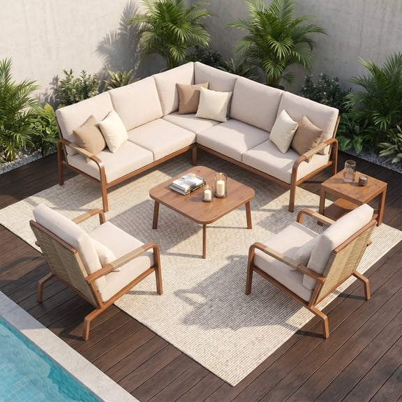 5-Piece Outdoor Patio Furniture Set, L-Shaped Sectional Sofa with Cushions, Beige