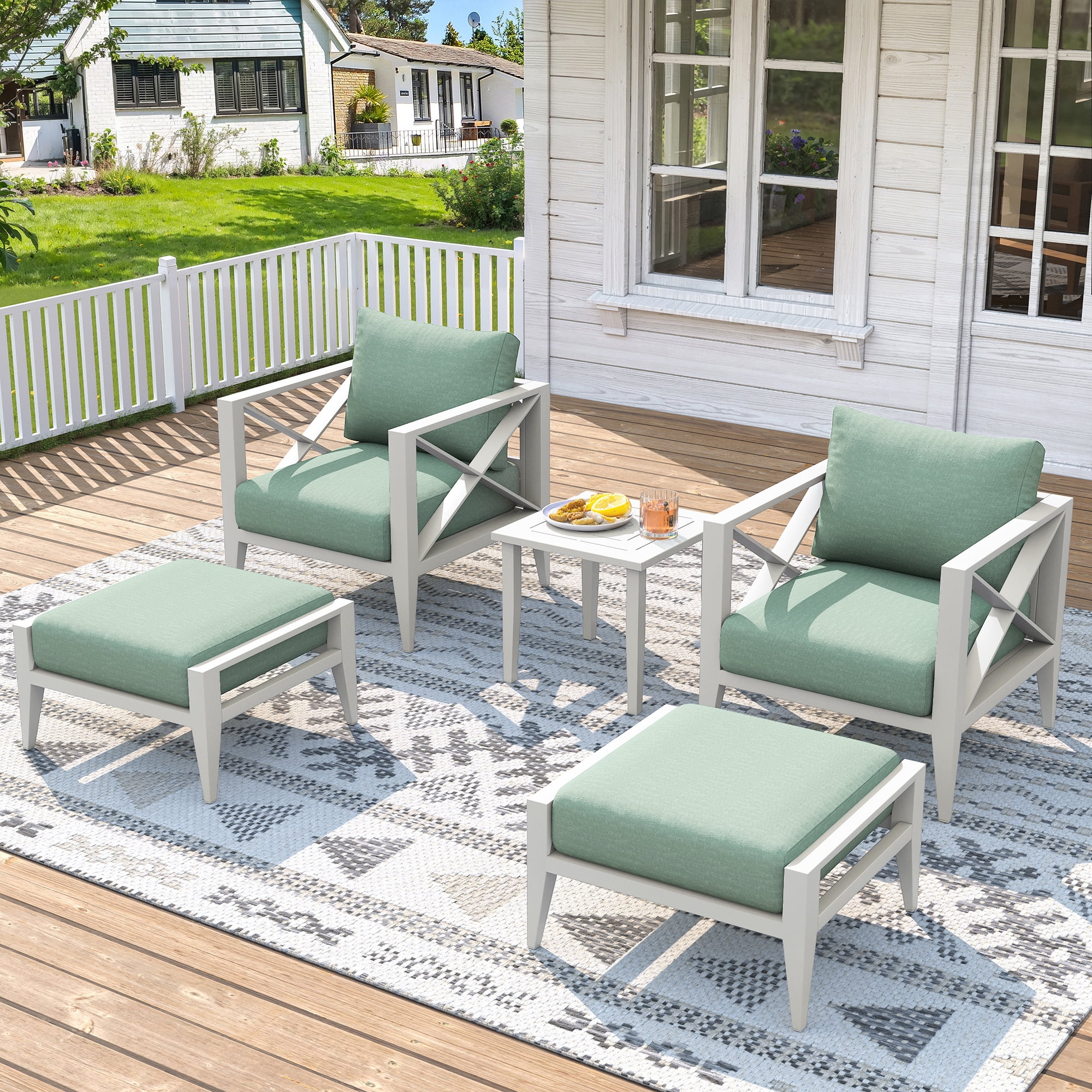 JXXM 5-Piece Outdoor Patio Set with Ottomans, Aluminum Frame Chairs with 5.2" Thick Cushions, Wide Seat Conversation Set with Side Table for Porch, Deck, Backyard