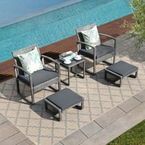 5 Piece Outdoor Patio Wicker Furniture Set, All Weather Grey PE Rattan Chair and Space Saving Ottoman Footstool Set, with Coffee Table, for Garden, Balcony, Porch, Dark Grey Cushion