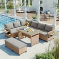 thumbnail image 1 of 5-Piece L-Shaped Outdoor Sectional Sofas Couch, PE Wicker Patio Furniture Conversation Sets with 2 Extendable Side Tables and 1 Dining Table for Backyard, Deck, Brown, 1 of 10
