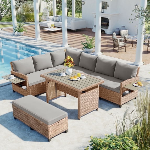 5-Piece L-Shaped Outdoor Sectional Sofas Couch, PE Wicker Patio Furniture Conversation Sets with 2 Extendable Side Tables and 1 Dining Table for Backyard, Deck, Brown