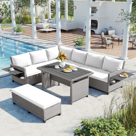 5-Piece L-Shaped Outdoor Sectional Sofas Couch, PE Wicker Patio Furniture Conversation Sets with 2 Extendable Side Tables and 1 Dining Table for Backyard, Deck, White