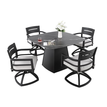 5-Piece Outdoor Pedestal Dining Set, 44" Rounded Square Sintered Stone Table with Flared Base and 4 Swivel Rockers, Sunbrella Cushions, Rust-Free Aluminum, Weather-Resistant for Patio or Deck (Black)
