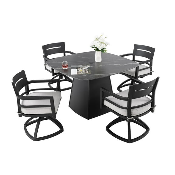 5-Piece Outdoor Pedestal Dining Set, 44" Rounded Square Sintered Stone Table with Flared Base and 4 Swivel Rockers, Sunbrella Cushions, Rust-Free Aluminum, Weather-Resistant for Patio or Deck (Black)