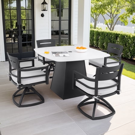 5-Piece Outdoor Pedestal Dining Set, 44" Rounded Square Sintered Stone Table with Flared Base and 4 Swivel Rockers, Sunbrella Cushions, Rust-Free Aluminum, Weather-Resistant for Patio or Deck (Black)