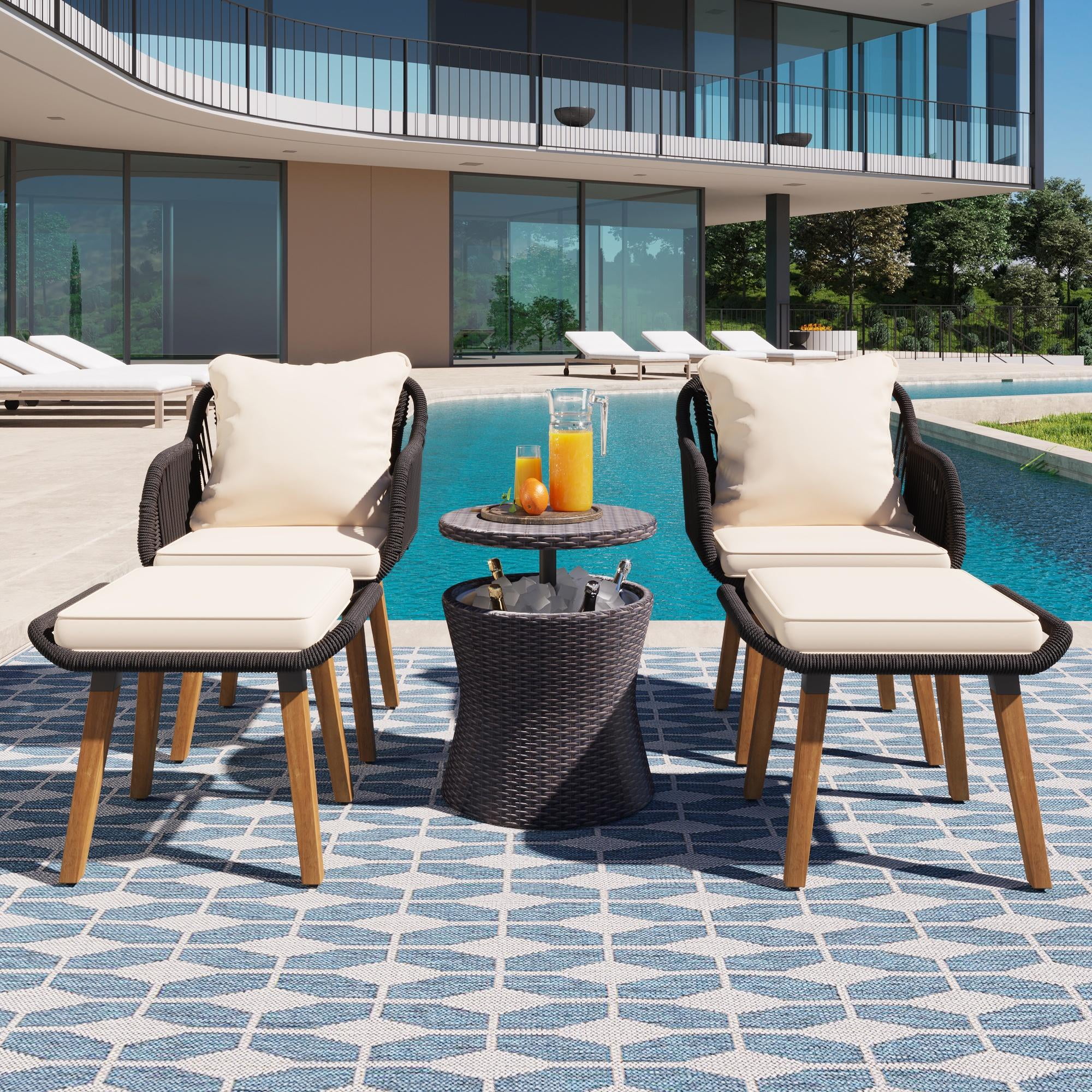 5 Piece Outdoor Rattan Furniture Set, Patio Cushioned Sofa Chairs with Ottoman Footrest and Cool Bar Table, All Weather Sectional Furniture Set with Beige Seat Cushion for Backyard, Deck, Balcony