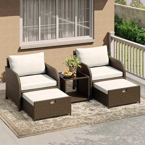 5-Piece Outdoor Rattan Sofa Set – All-Weather Wicker Patio Furniture with Tempered Glass Coffee Table, Padded Beige Cushions, Ottomans – Ideal for Patio, Garden, Balcony – Gradient Brown Rattan