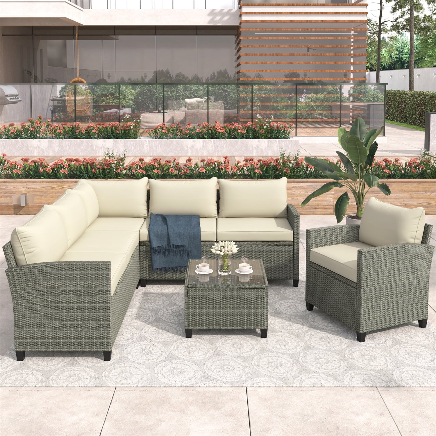 5 Piece Outdoor Sectional Sofa Set, Patio Conversation Set, AllWeather