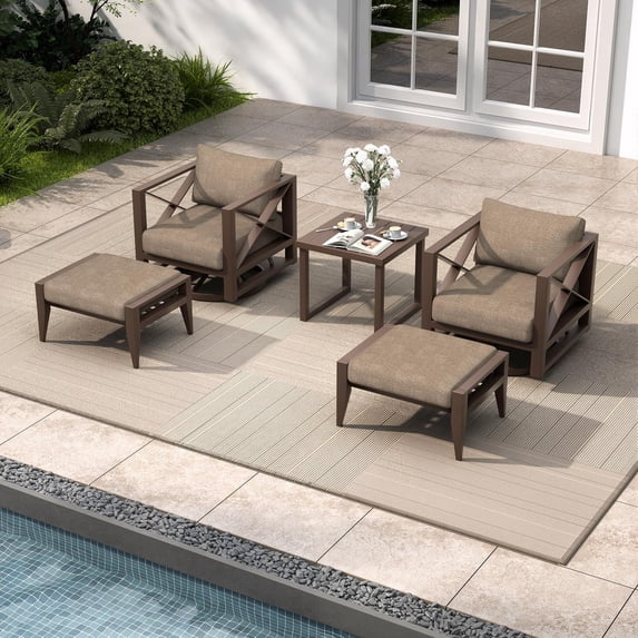 JXXM 5 Piece Outdoor Swivel Rocker Chair Set with Ottomans & Side Table, 360° Swivel Rocking Patio Chairs, Aluminum Frame, 5.2" Thick Cushions, 24" Wide Seat, 380 lbs Capacity for Porch Deck Backyard