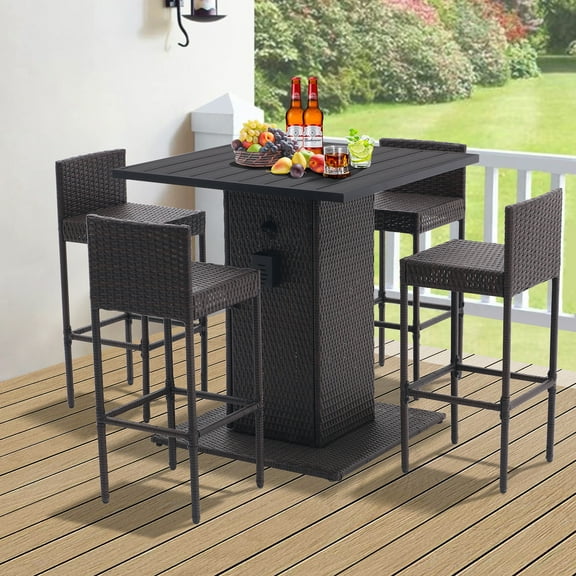 5 Piece Outdoor Wicker Bar Set, Dining Table and 4 Stools Set, Wood Brown High-Dining Patio Furniture Bistro Set