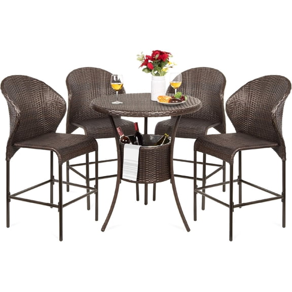 5-Piece Outdoor Wicker Bar Table Bistro Set Dining Furniture for Patio, Backyard w/Built-in Ice Bucket, 4 Chairs - Brown