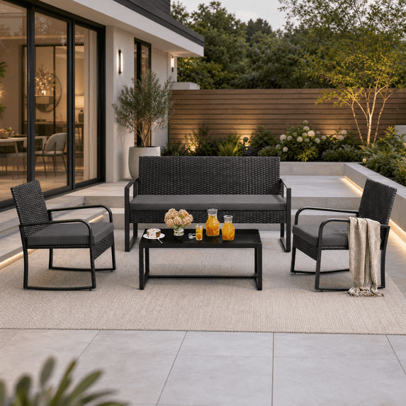 Wicker Outdoor Conversation Set with Glass Top Table, Patio Seating Furniture for Yard, Lawn and Poolside, Black