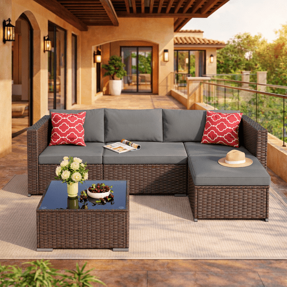 5-Piece Outdoor Wicker Sectional Sofa Set All-Weather Patio Furniture Including Cushions and Glass Table,Grey