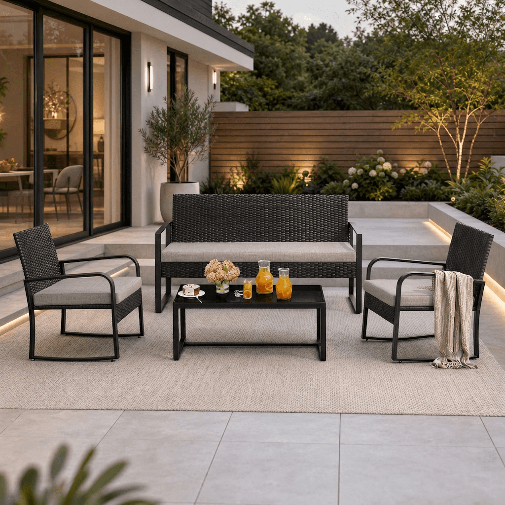 Wicker Outdoor Conversation Set with Glass Top Table, Patio Seating Furniture for Yard, Lawn and Poolside, Grey