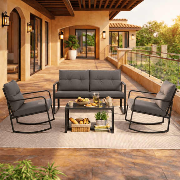 Outdoor Patio 3-Piece Rocking Bistro Furniture Set, Cushioned Rocker Chairs with Tempered Glass Coffee Side Table,Gray