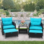 5 Piece PE Wicker Rattan Outdoor Patio Furniture Set, Outdoor Patio Chairs with Ottomans and Coffee Table for Balcony Poolside Front Porch Deck, Tiffany Blue