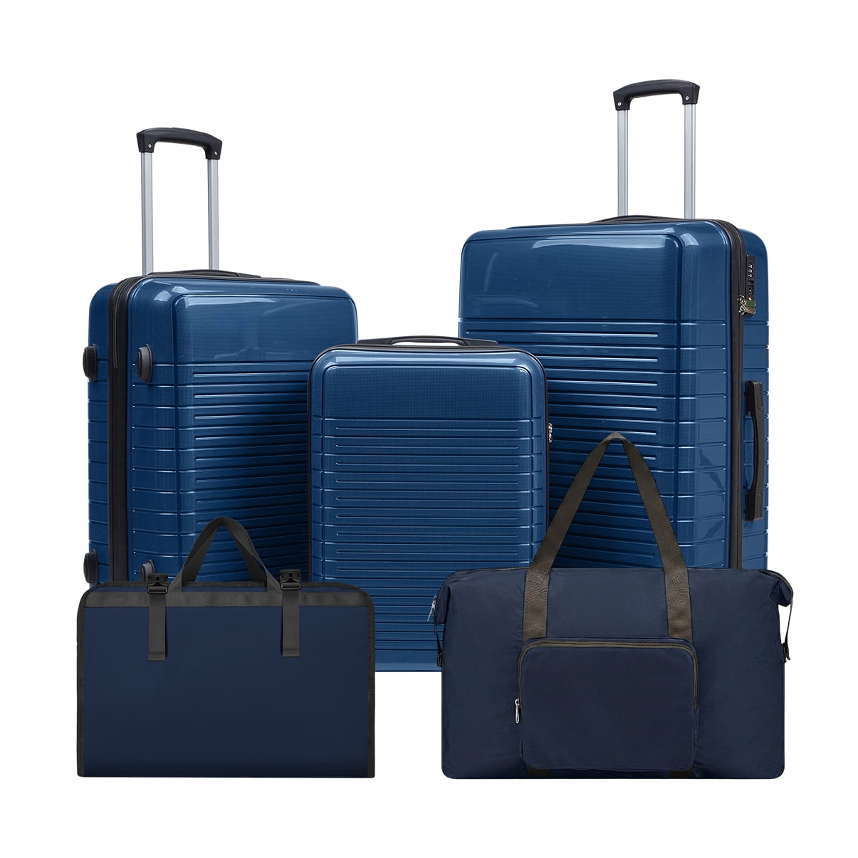 5-Piece PP Luggage Set with TSA Lock, 20"/24"/28" Spinner Suitcases + Handbag + Toiletry Bag, TPE Silent Wheels, Travel Accessory Bundle for Family Trips
