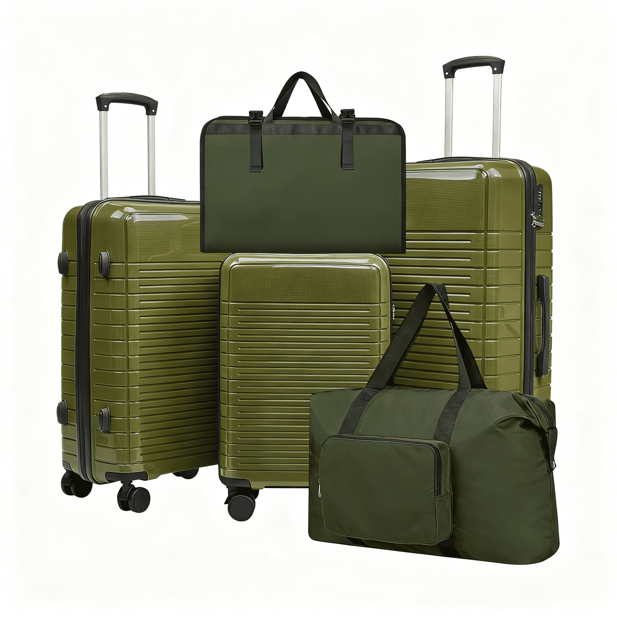 5-Piece PP Luggage Set with TSA Lock, 20"/24"/28" Spinner Suitcases + Handbag + Toiletry Bag, TPE Silent Wheels, Travel Accessory Bundle for Family Trips