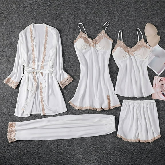 5 Piece Pajama Set Women's Plus Size Home Mini Nightgown & Cami Tops & Shorts & Long Pants with Robes Satin Sleepwear Outfits One Pajamas Womens White M