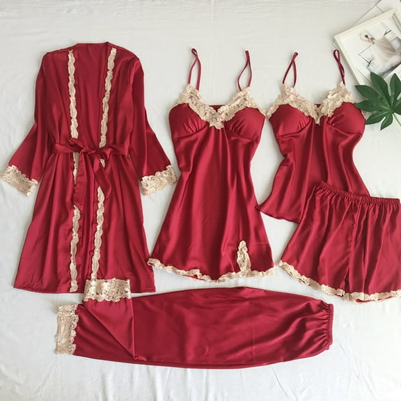 5 Piece Pajama Set Women's Plus Size Home Mini Nightgown & Cami Tops & Shorts & Long Pants with Robes Satin Sleepwear Outfits Pajama Set for Women Wine L