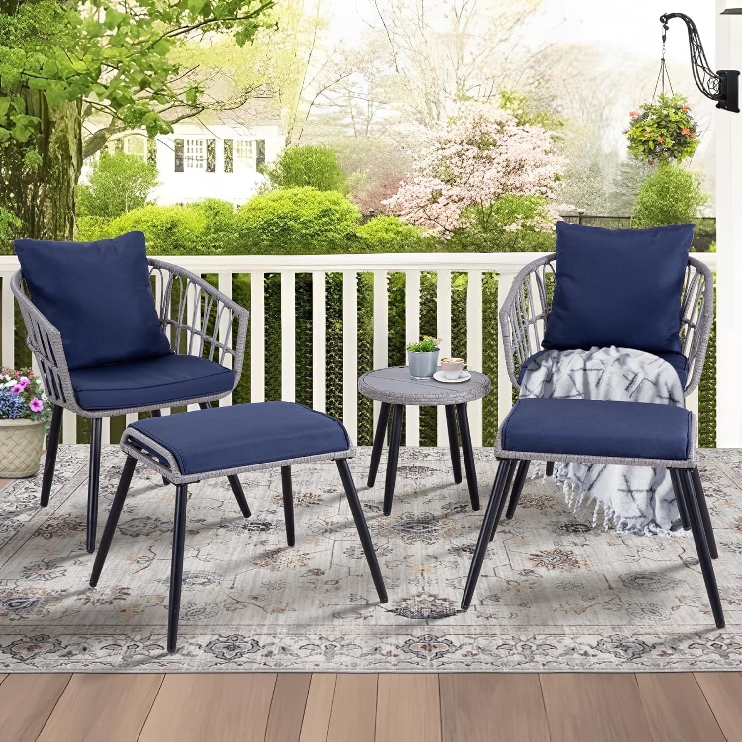 5 Piece Patio Bistro Set with Ottoman, Outdoor Wicker Apartment Balcony Furniture Sets, Rattan Table and Chairs Set of 2 for Porch Backyard Deck, Gray,Blue