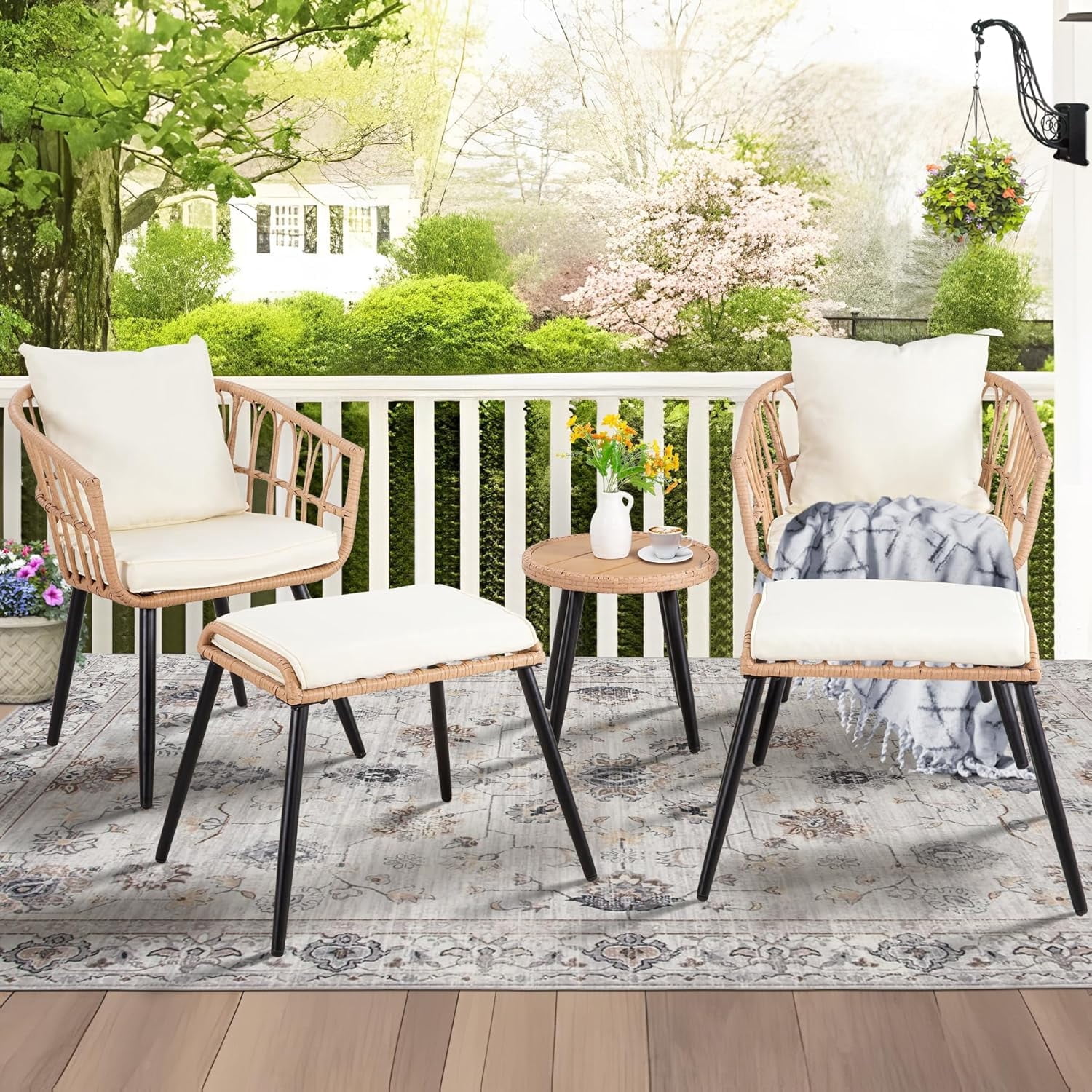 5 Piece Patio Bistro Set with Ottoman, Outdoor Wicker Apartment Balcony ...