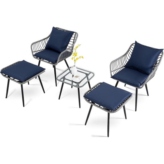 5 Piece Patio Bistro Set with Ottoman, Outdoor Wicker Apartment Balcony Furniture Sets, Rattan Table and Chairs Set of 2 for Porch Backyard Lawn Poolside Deck (Gray/Blue)