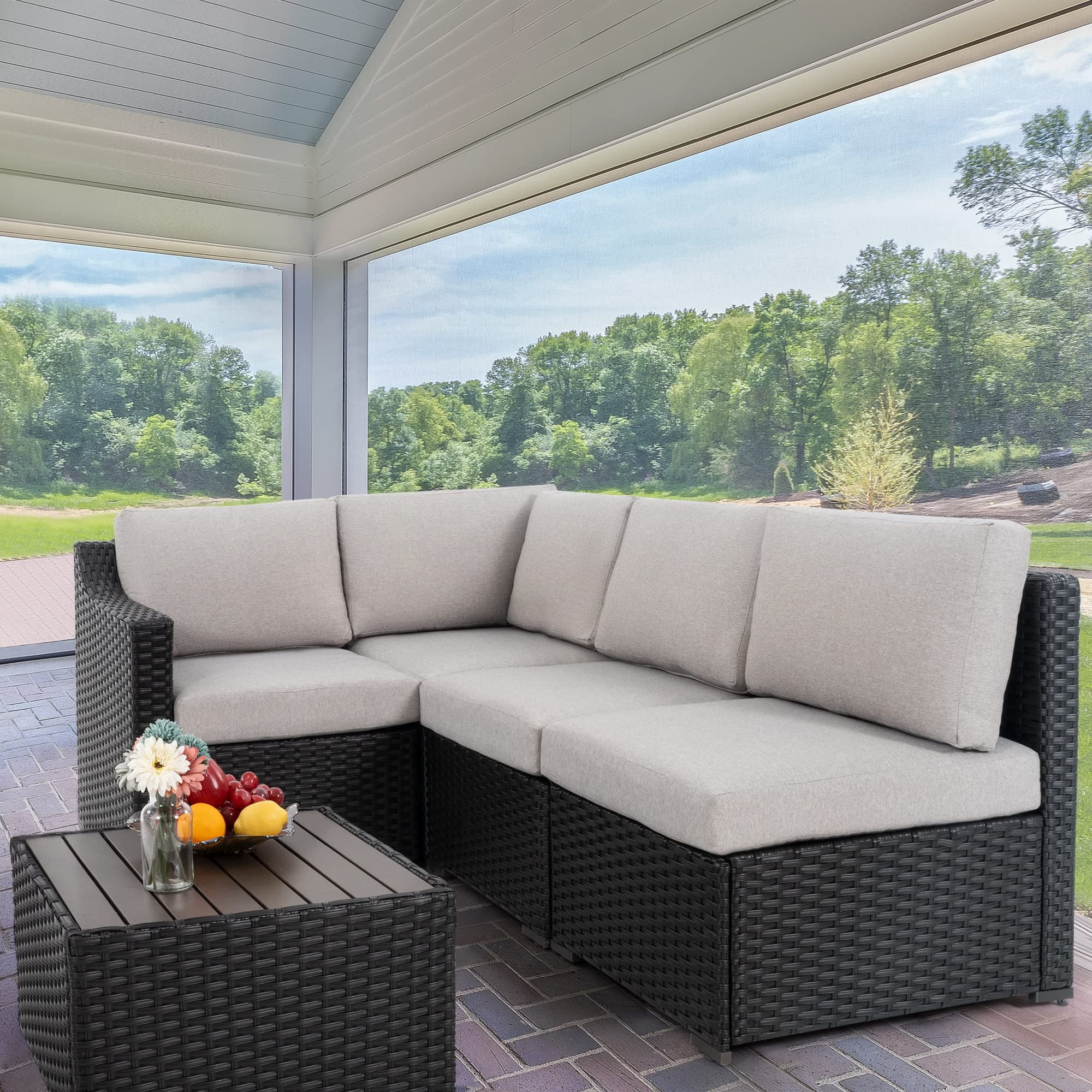 5 Piece Patio Conversation Set, All-Weather PE Rattan Wicker Outdoor Sectional Sofa Set, Modular Patio Furniture with Cushions for Backyard, Deck, Porch, Balcony, Poolside (Brown/Grey)