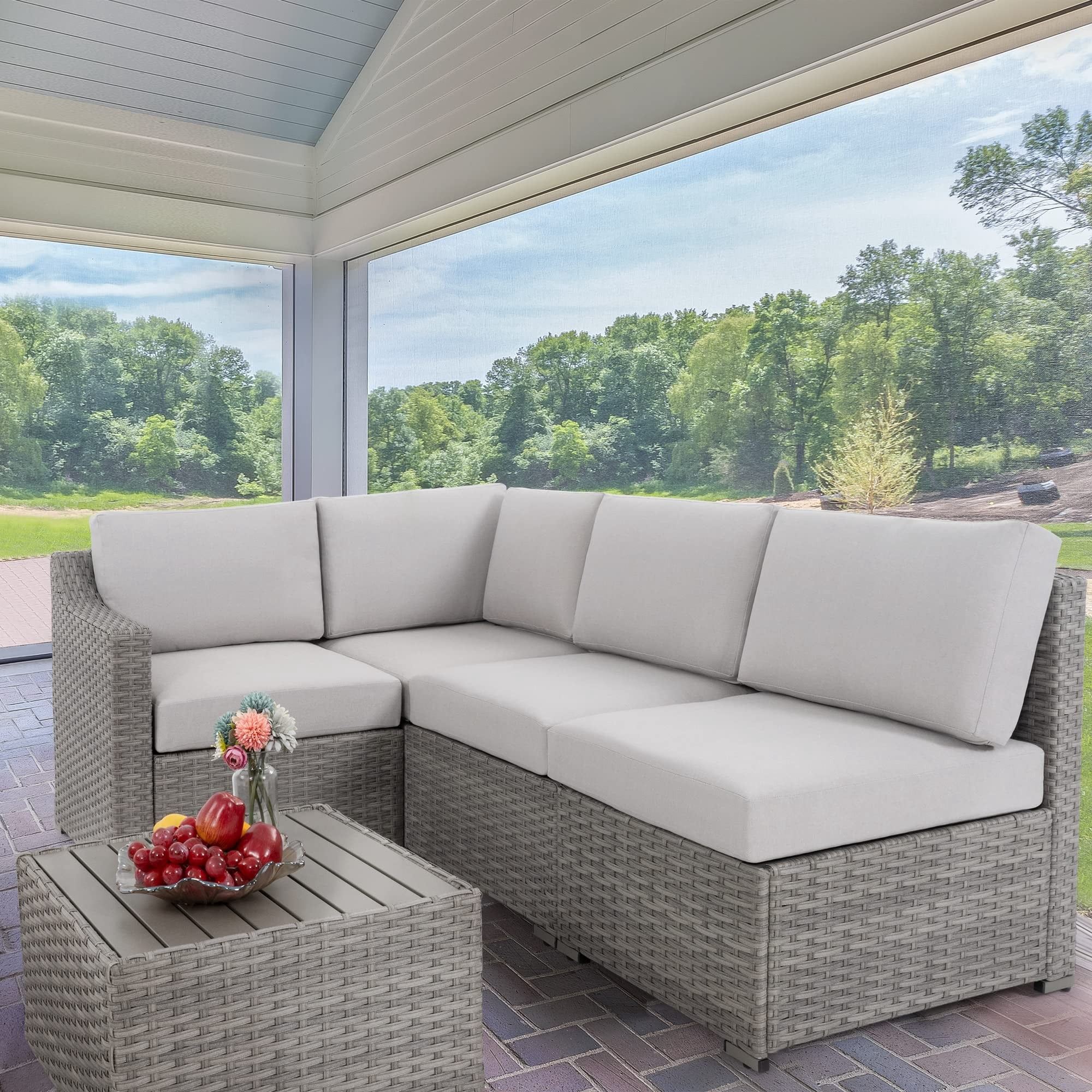 5 Piece Patio Conversation Set, All-Weather PE Rattan Wicker Outdoor Sectional Sofa Set, Modular Patio Furniture with Cushions for Backyard, Deck, Porch, Balcony, Poolside (Grey/Beige)