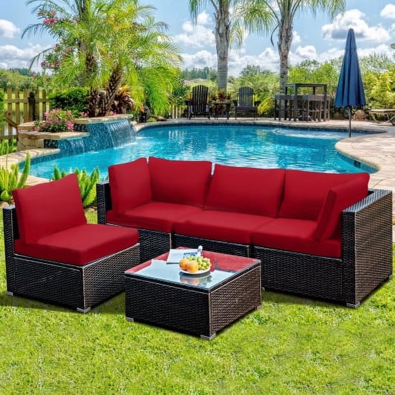 5-Piece Patio Conversation Set Outdoor Rattan Furniture Set with Glass Table