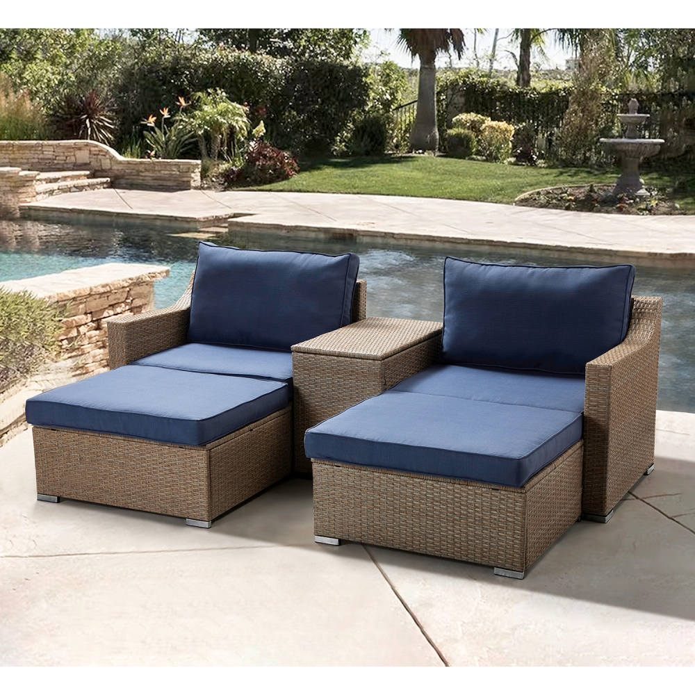 5 Piece Patio Conversation Set Outdoor Storage Furniture Set, Wicker Lounge Chair with Ottoman Footrest, w/Storage Coffee Table & Cushions (Navy Blue) for Garden, Patio, Balcony, Deck - image 1 of 10
