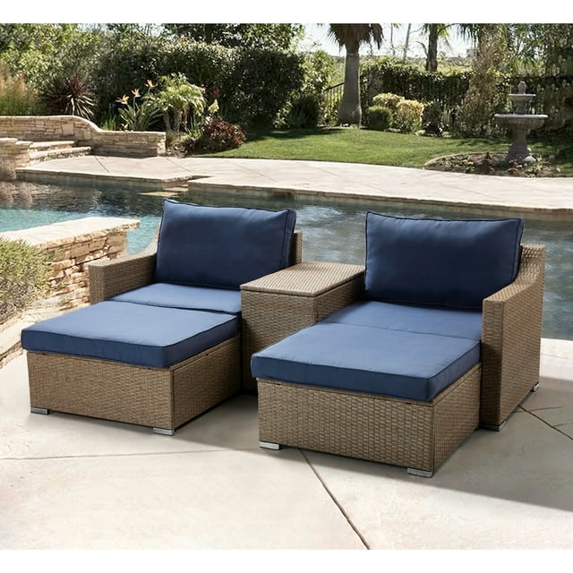 5 Piece Patio Conversation Set Outdoor Storage Furniture Set, Wicker Lounge Chair with Ottoman Footrest, w/Storage Coffee Table & Cushions (Navy Blue) for Garden, Patio, Balcony, Deck